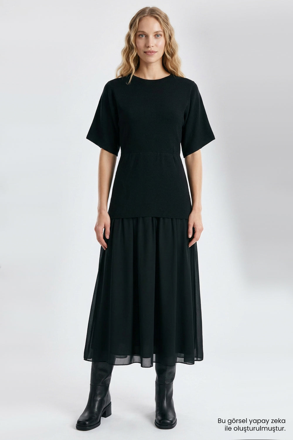 Exquise-Kısa Kollu Eteği Şifon Astarlı Regular Midi Siyah Elbise-Elbise-1-roqelvaxirum.shop