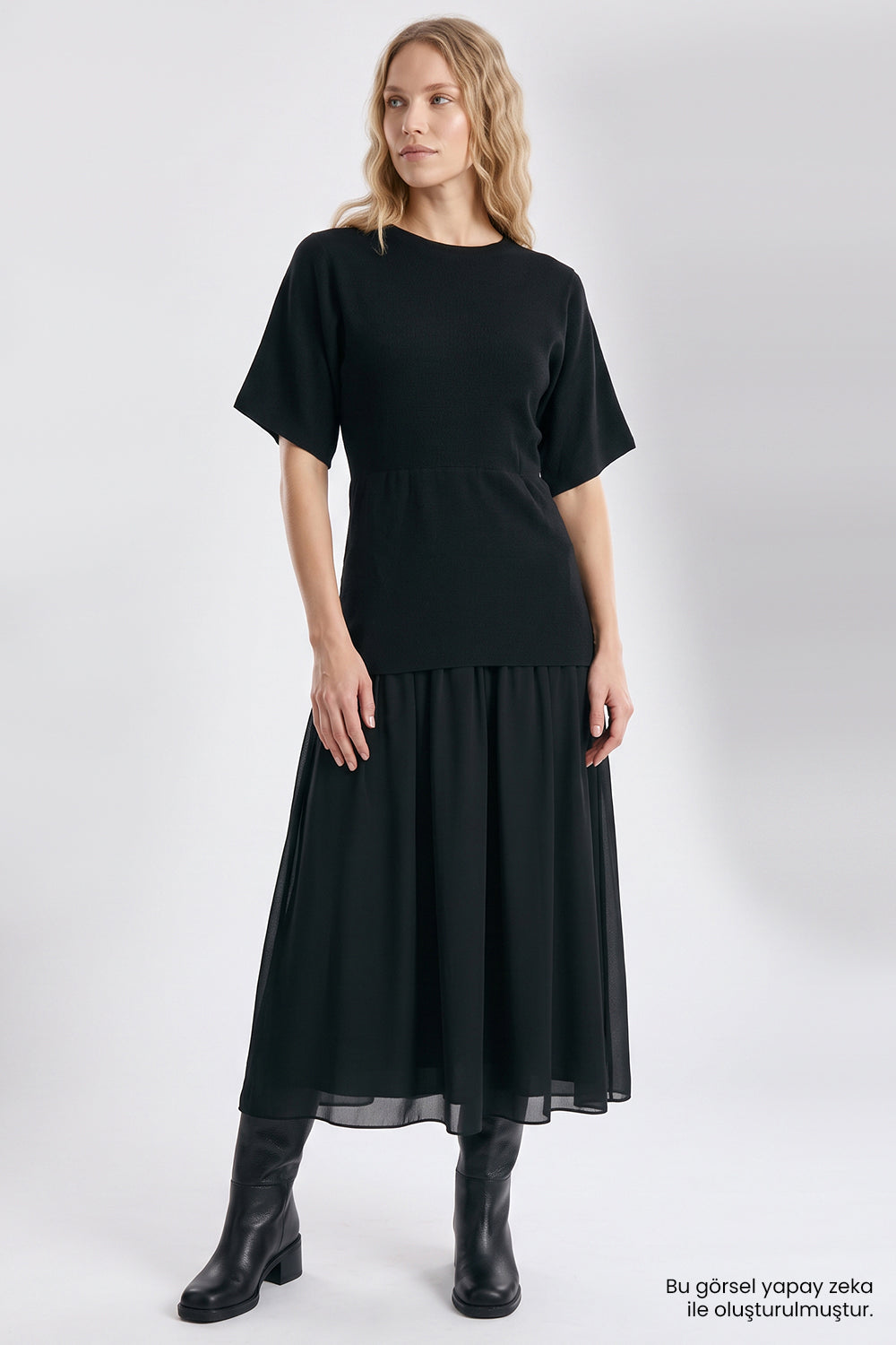 Exquise-Kısa Kollu Eteği Şifon Astarlı Regular Midi Siyah Elbise-Elbise-3-roqelvaxirum.shop