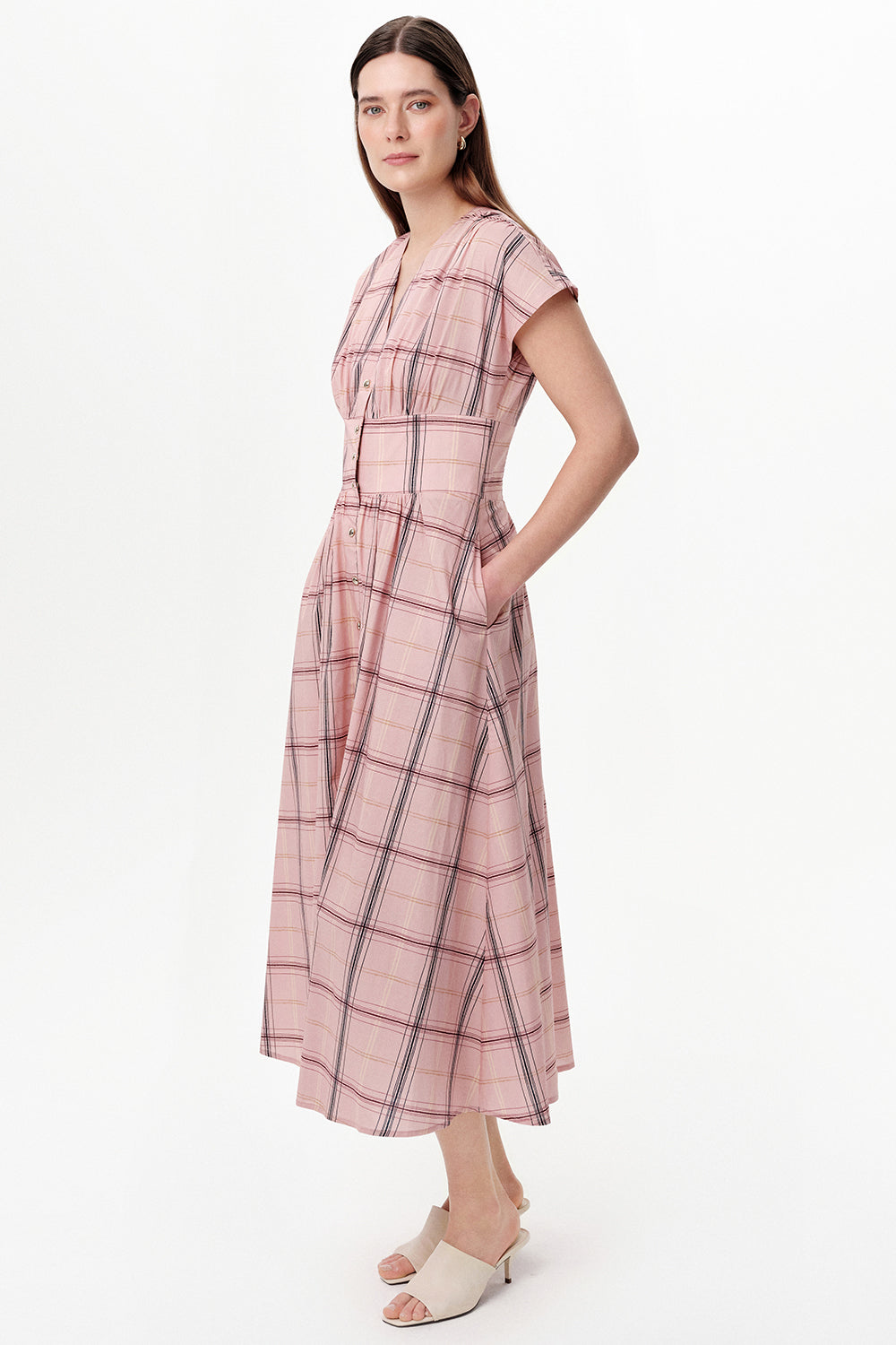 Exquise-V Yaka Beli Gipeli Regular Midi Elbise-Elbise-1-roqelvaxirum.shop