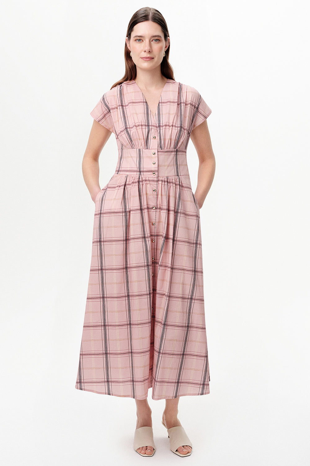 Exquise-V Yaka Beli Gipeli Regular Midi Elbise-Elbise-2-roqelvaxirum.shop
