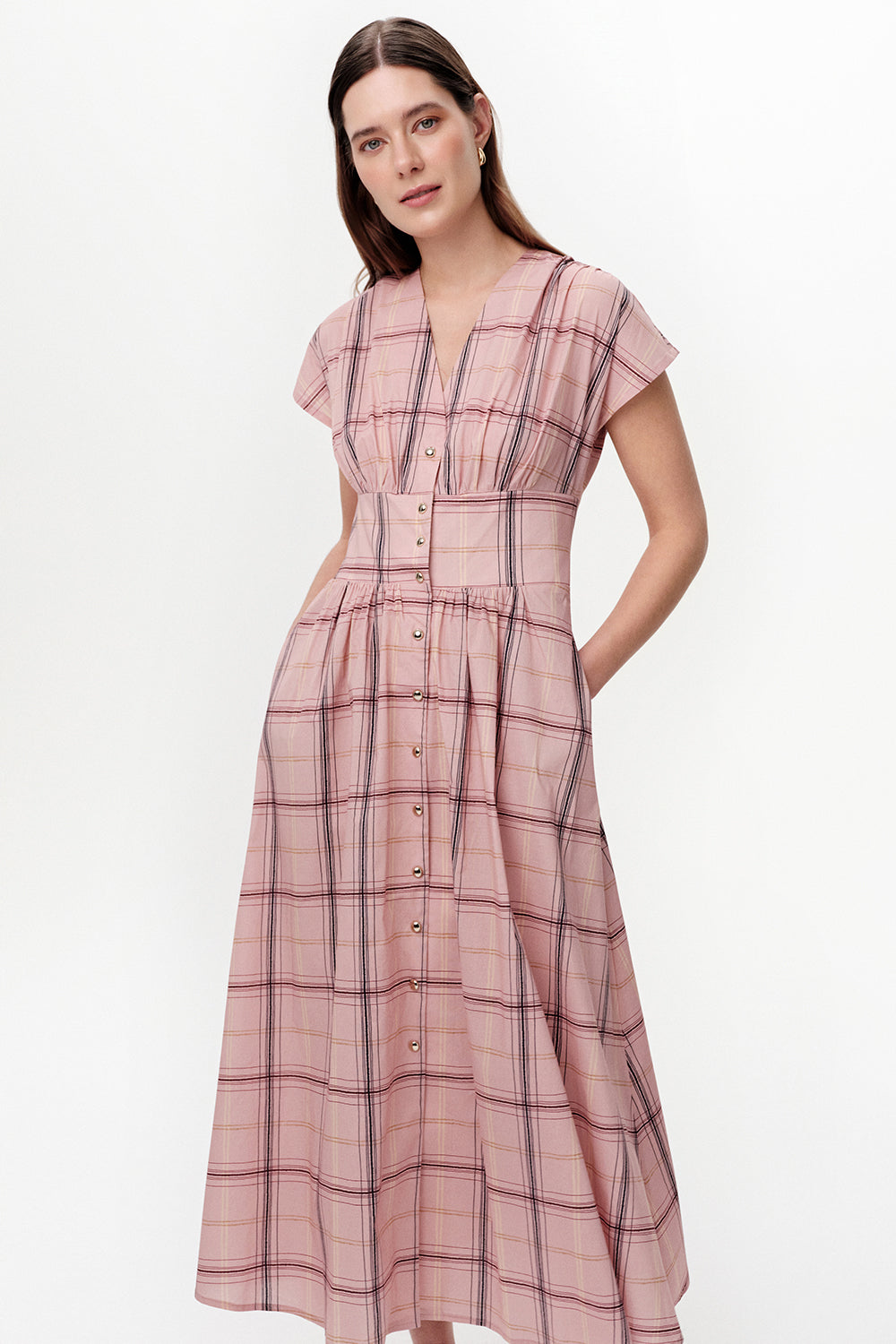 Exquise-V Yaka Beli Gipeli Regular Midi Elbise-Elbise-3-roqelvaxirum.shop