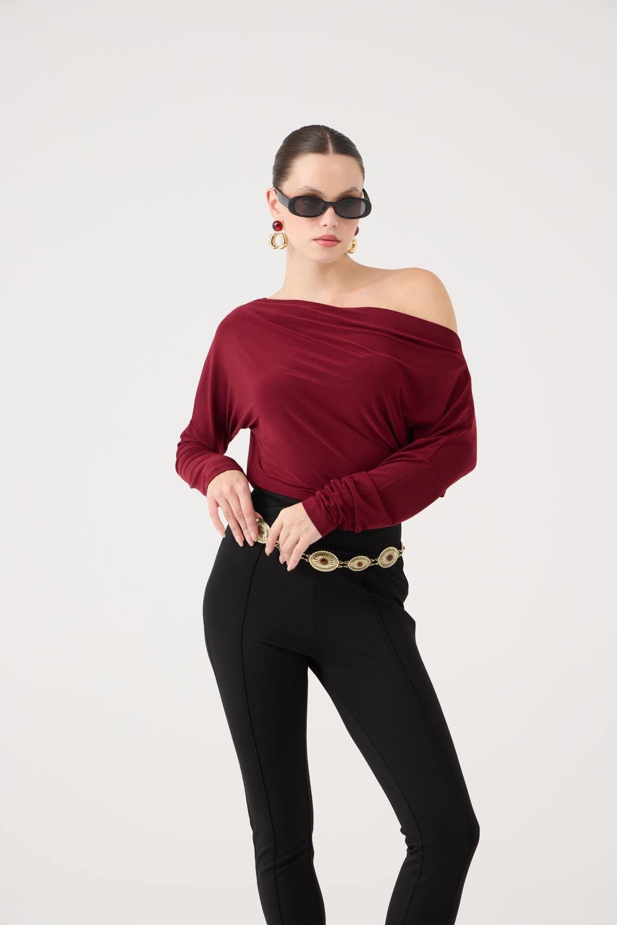 Asimetrik Yaka Talia Bluz Bordo