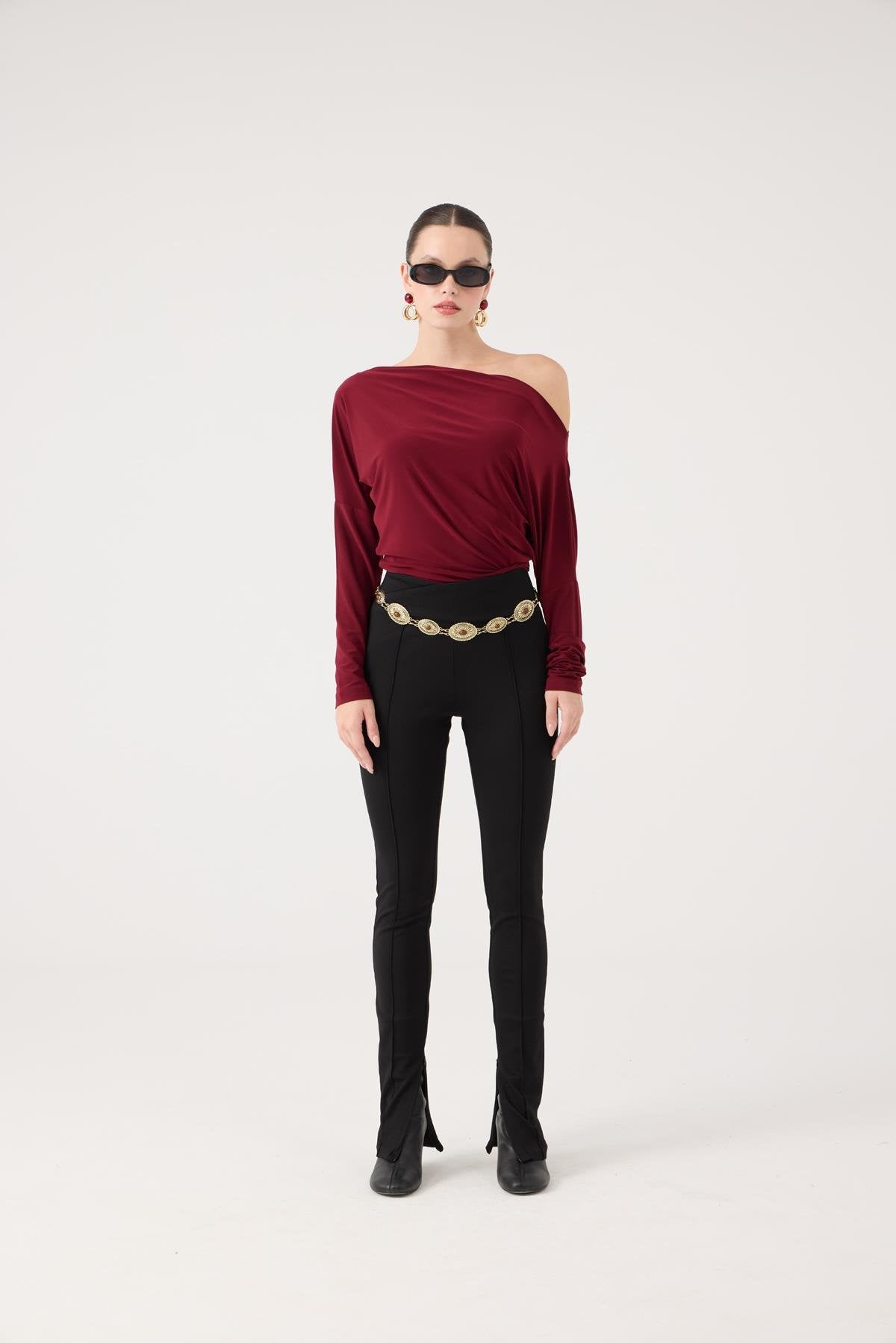 Asimetrik Yaka Talia Bluz Bordo