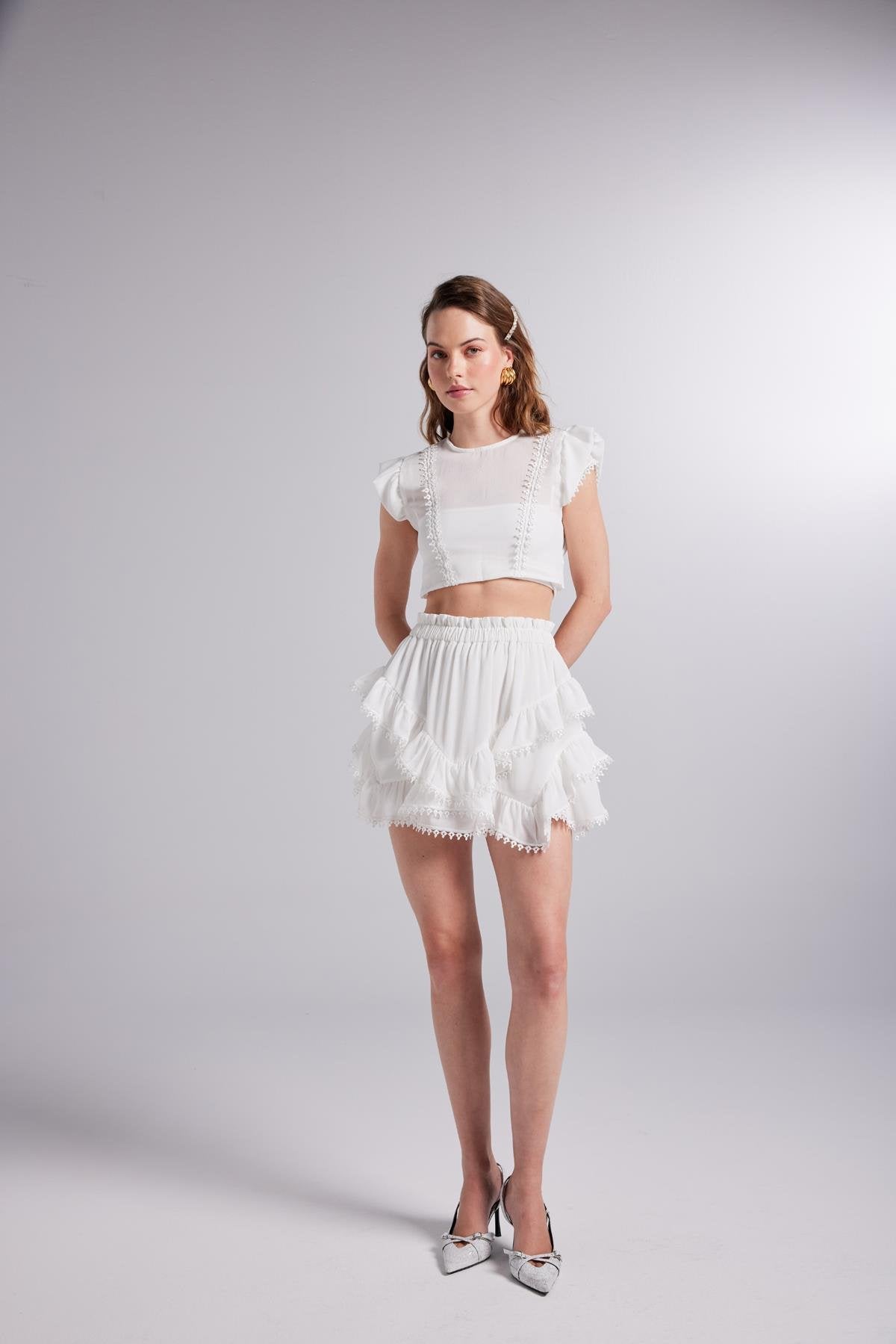 Brode Detaylı Crop Pixie Bluz Beyaz