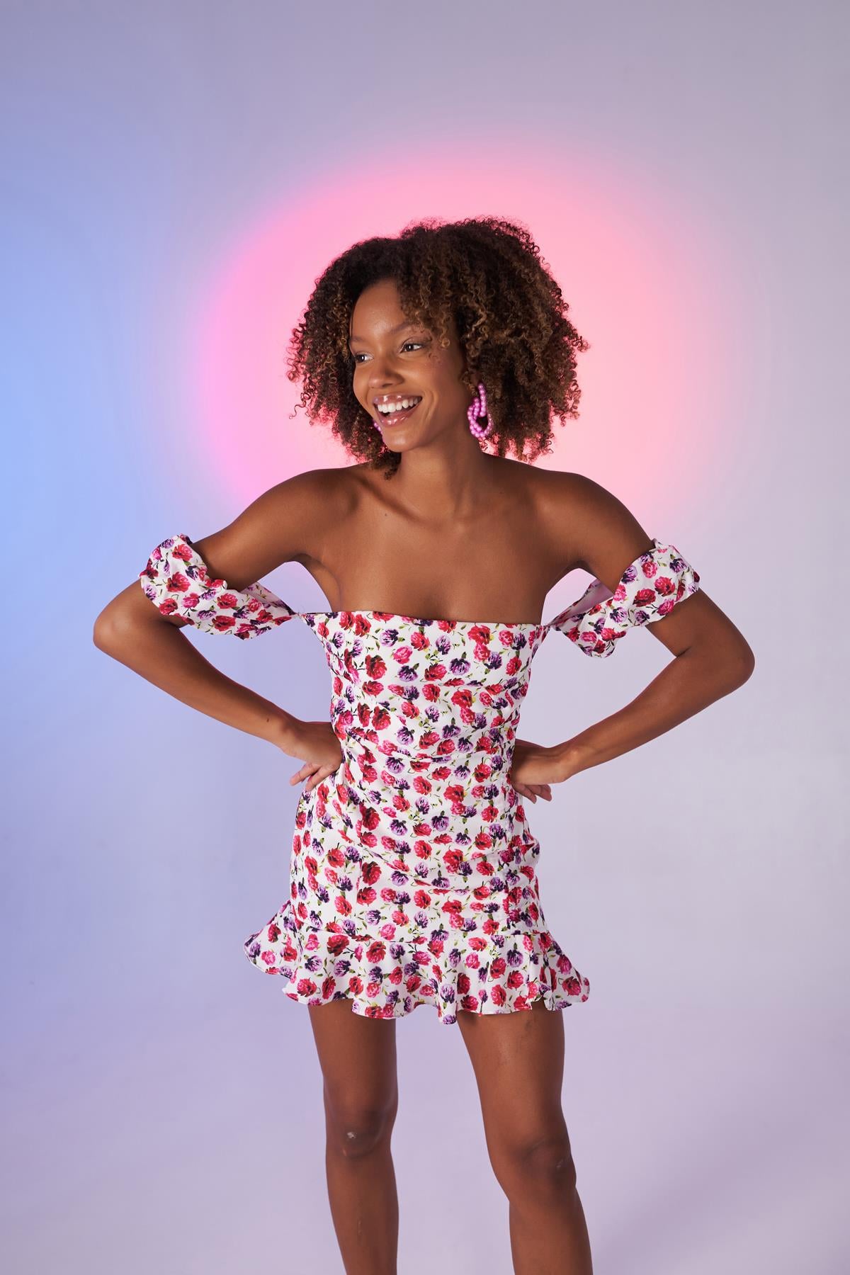 Holly Lolly-Cassie Çiçek Desenli Yazlık Mini Elbise – Pembe-Elbise-1-roqelvaxirum.shop