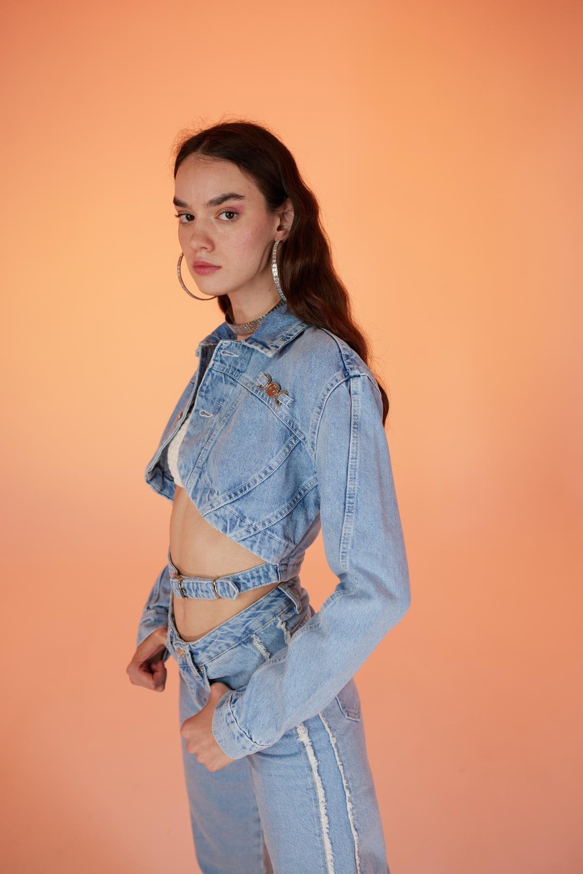 Crop Model Düğme Kapamalı Biana Jean Ceket Mavi