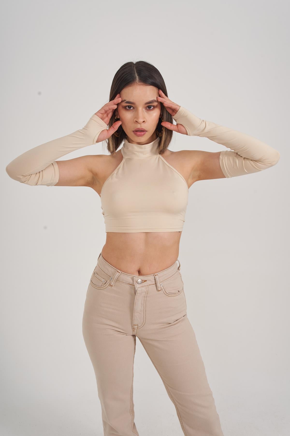 Crop Model Kol Detaylı Pretty Bluz Bej