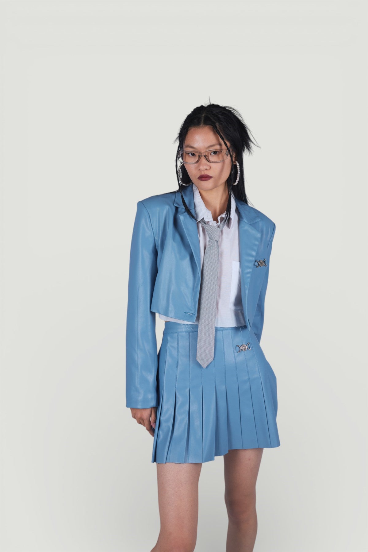 Holly Lolly-Fermuar Kapamalı Pileli Mini College Deri Etek Mavi-Etek-5-roqelvaxirum.shop
