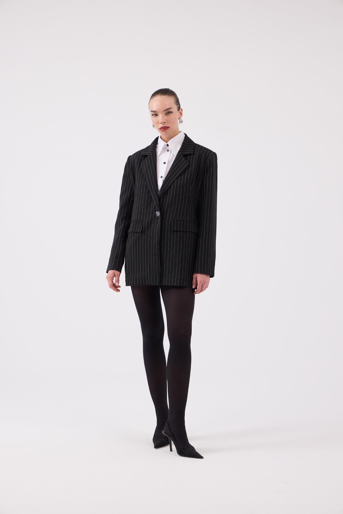 Oversize Kesim Çizgili Strip Blazer Ceket Siyah