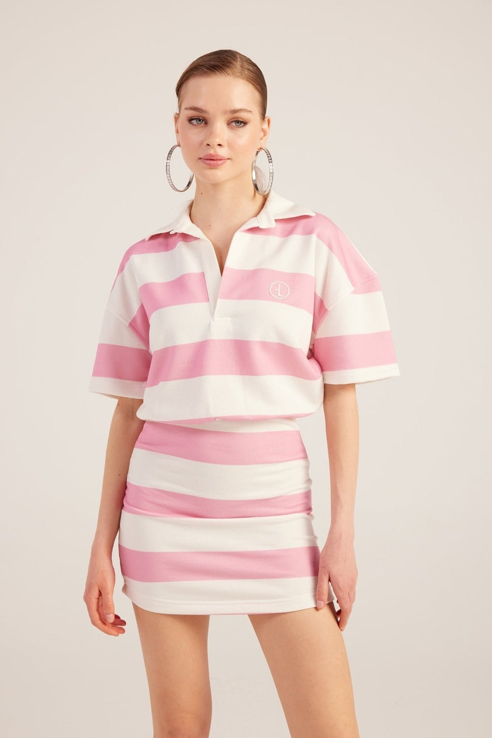 Polo Yaka Çizgili Mini Pamela Elbise Pembe