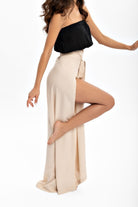 Husufi-Freeside Bej Yırtmaçlı Şalvar Pantolon-Pantolon-1-roqelvaxirum.shop