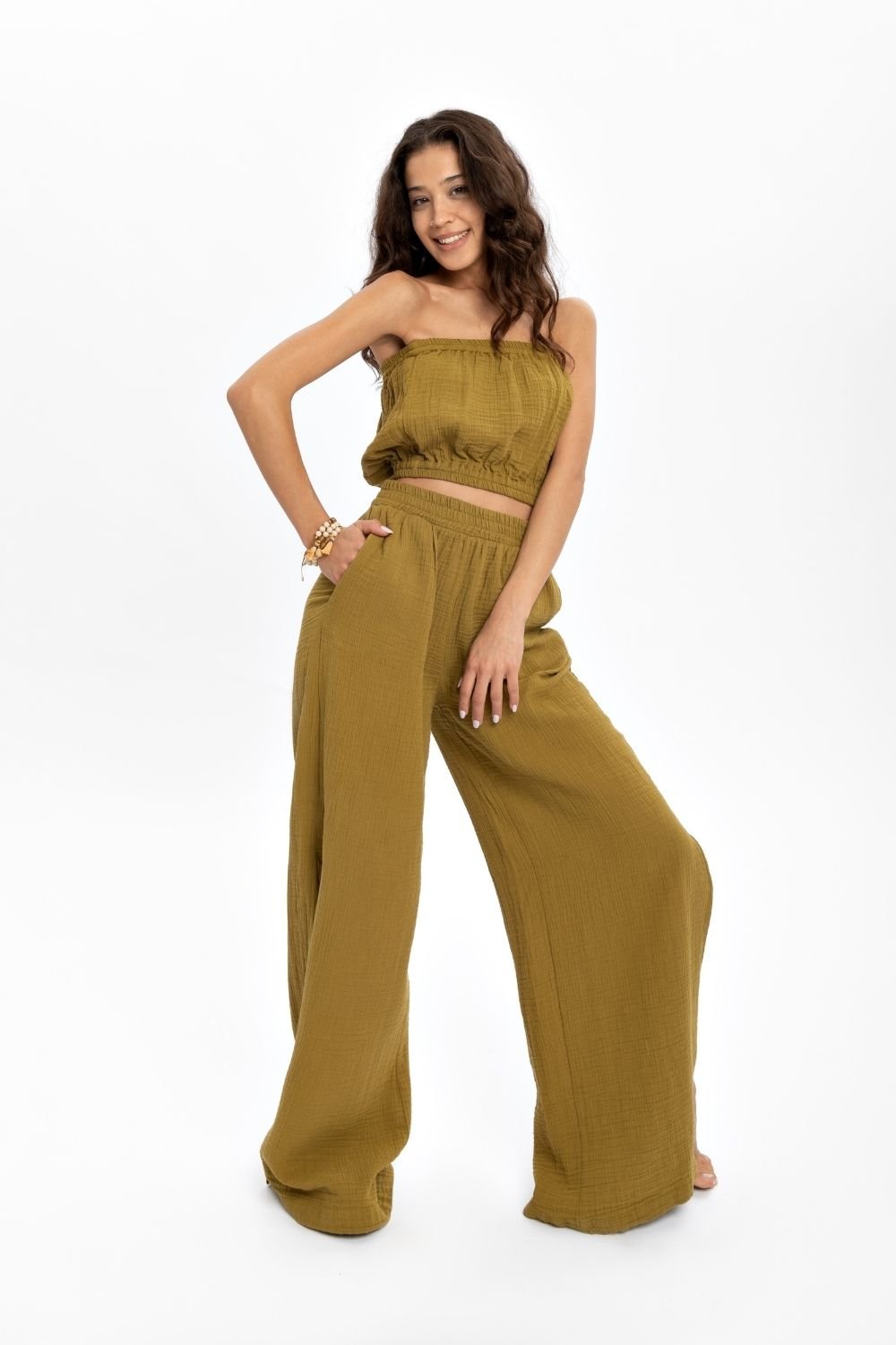Husufi-Yeşil Müslin Yırtmaçlı Pantolon-Pantolon-4-roqelvaxirum.shop