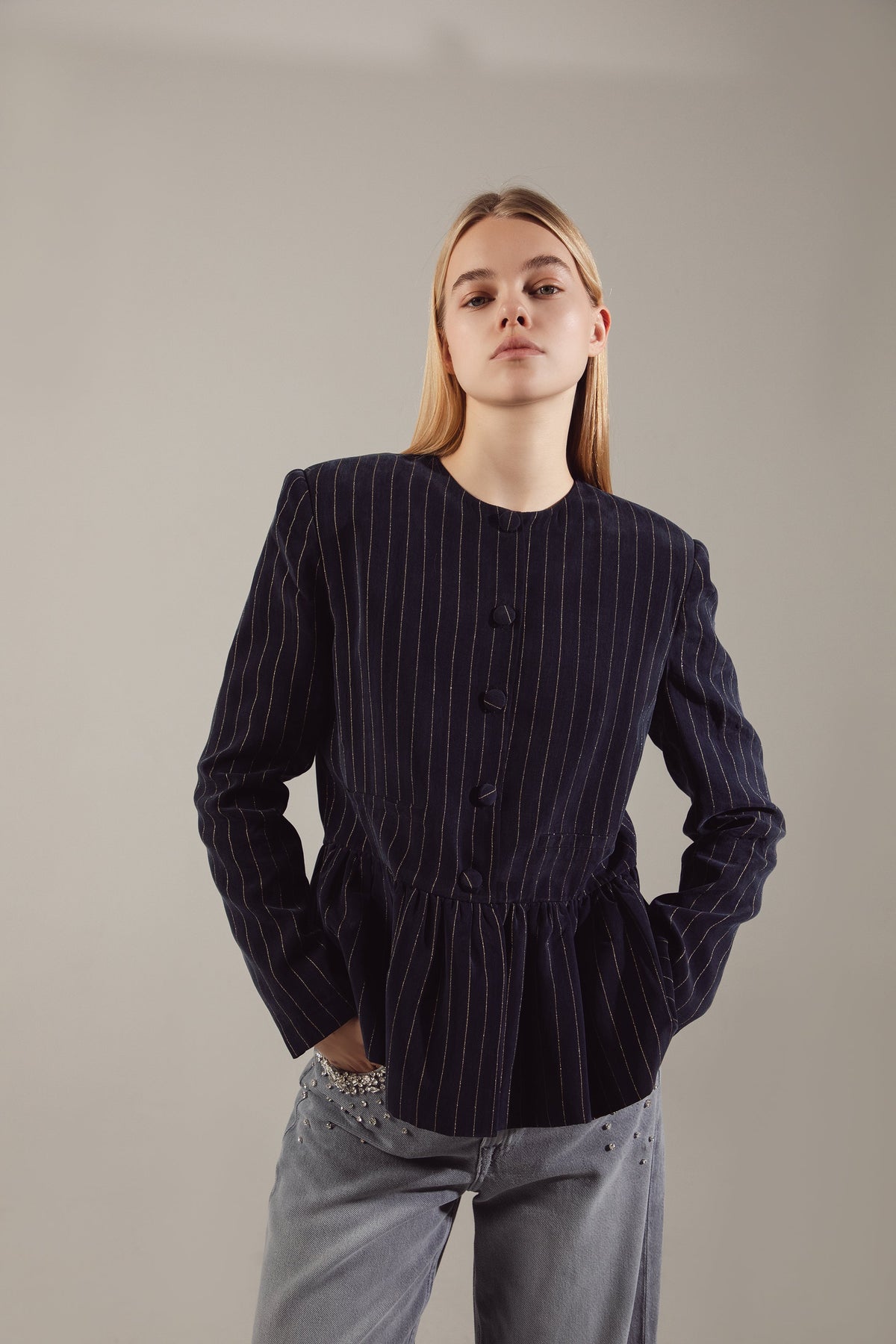 Dark Navy Gold-Stripe Ipek Kupra Jacket