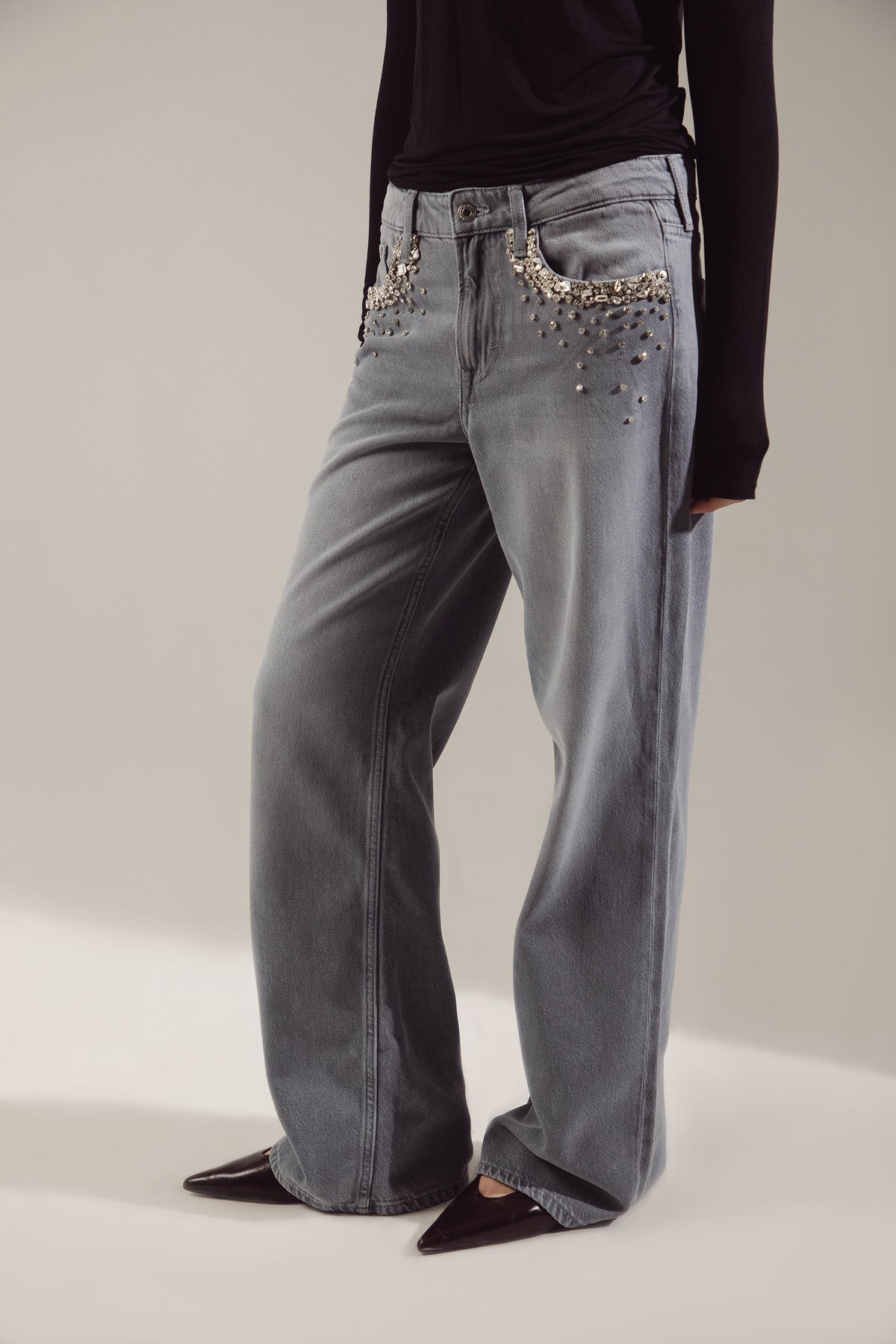 Swarovski-Embroidered Soft Stretch Oversize Jeans