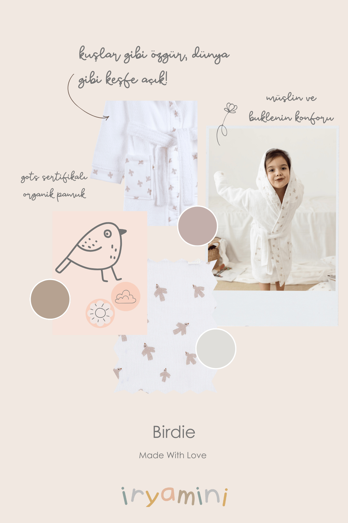 İRYA-Birdie Organik Pamuk Müslin Detaylı Çocuk Bornoz Beyaz-Bornoz-5-roqelvaxirum.shop