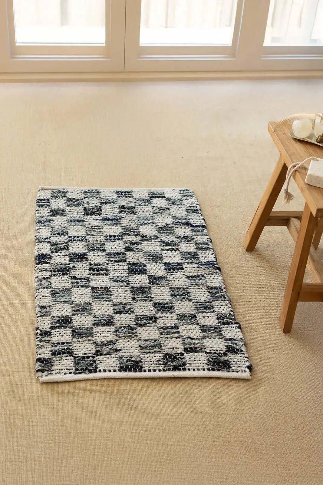 İRYA-Checker Denim Kilim Ekru/İNdigo 60X90-Banyo Paspası-2-roqelvaxirum.shop