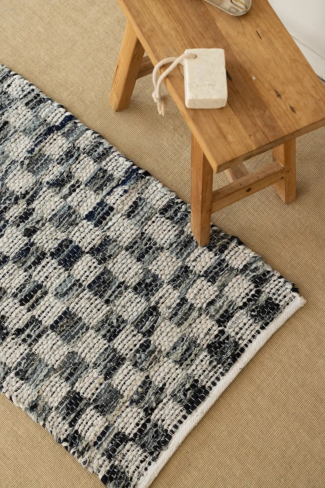 İRYA-Checker Denim Kilim Ekru/İNdigo 60X90-Banyo Paspası-4-roqelvaxirum.shop