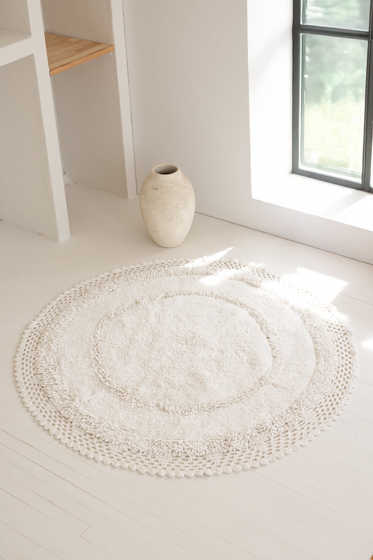 İRYA-Moon Yuvarlak Banyo Paspası %100 Pamuk 115X115 Ekru-Paspas-1-roqelvaxirum.shop