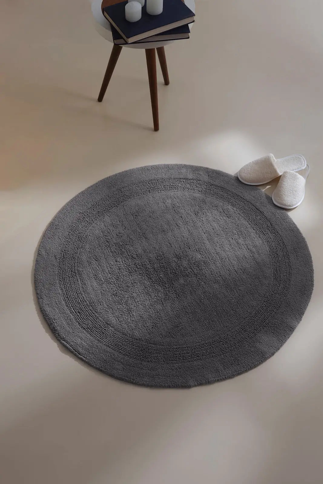İRYA-Puffed Yuvarlak Banyo Paspası %100 Pamuk 100X100 Antrasit-Paspas-7-roqelvaxirum.shop