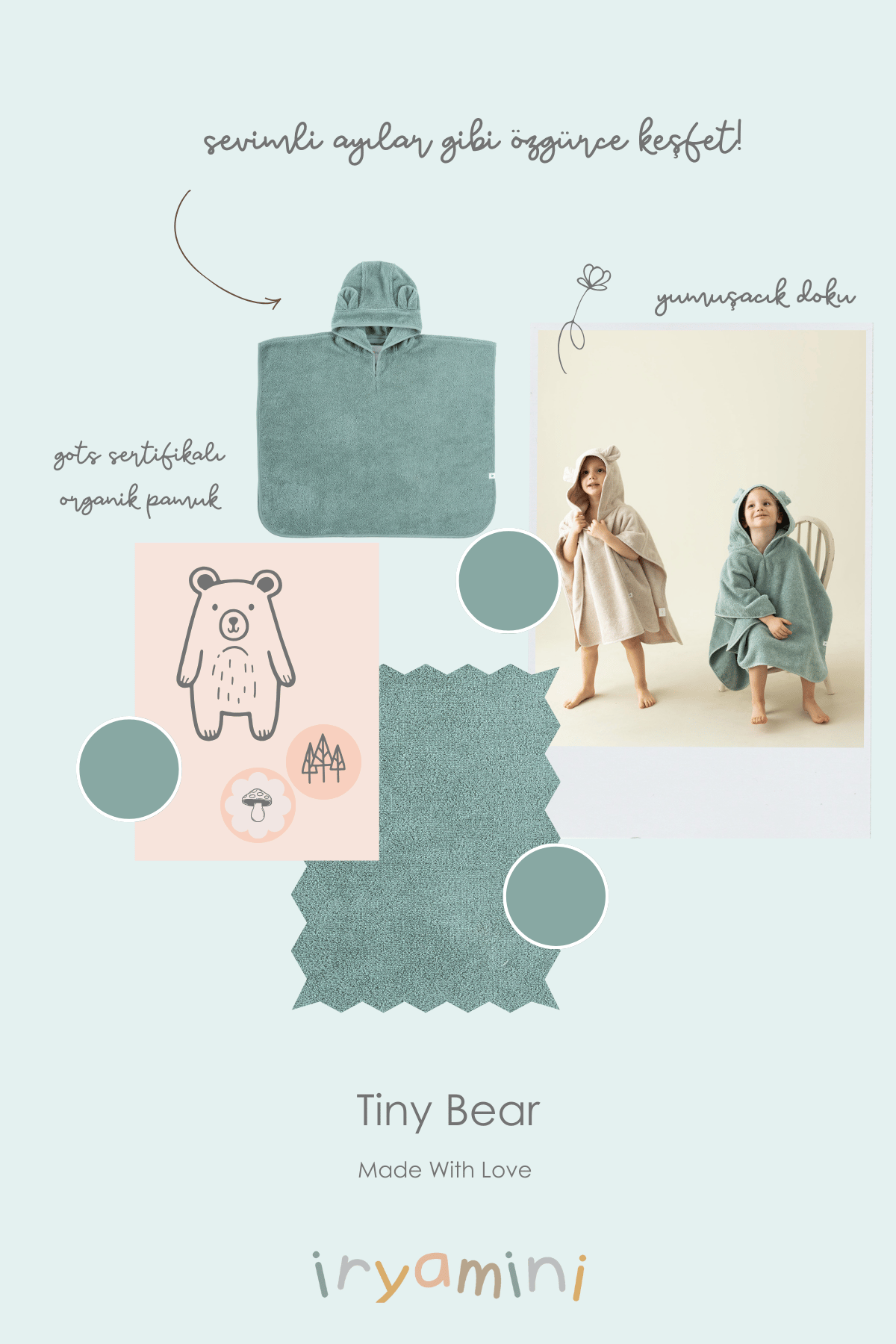İRYA-Tiny Bear Organik Pamuk Çocuk Panço Mint-Panço-4-roqelvaxirum.shop