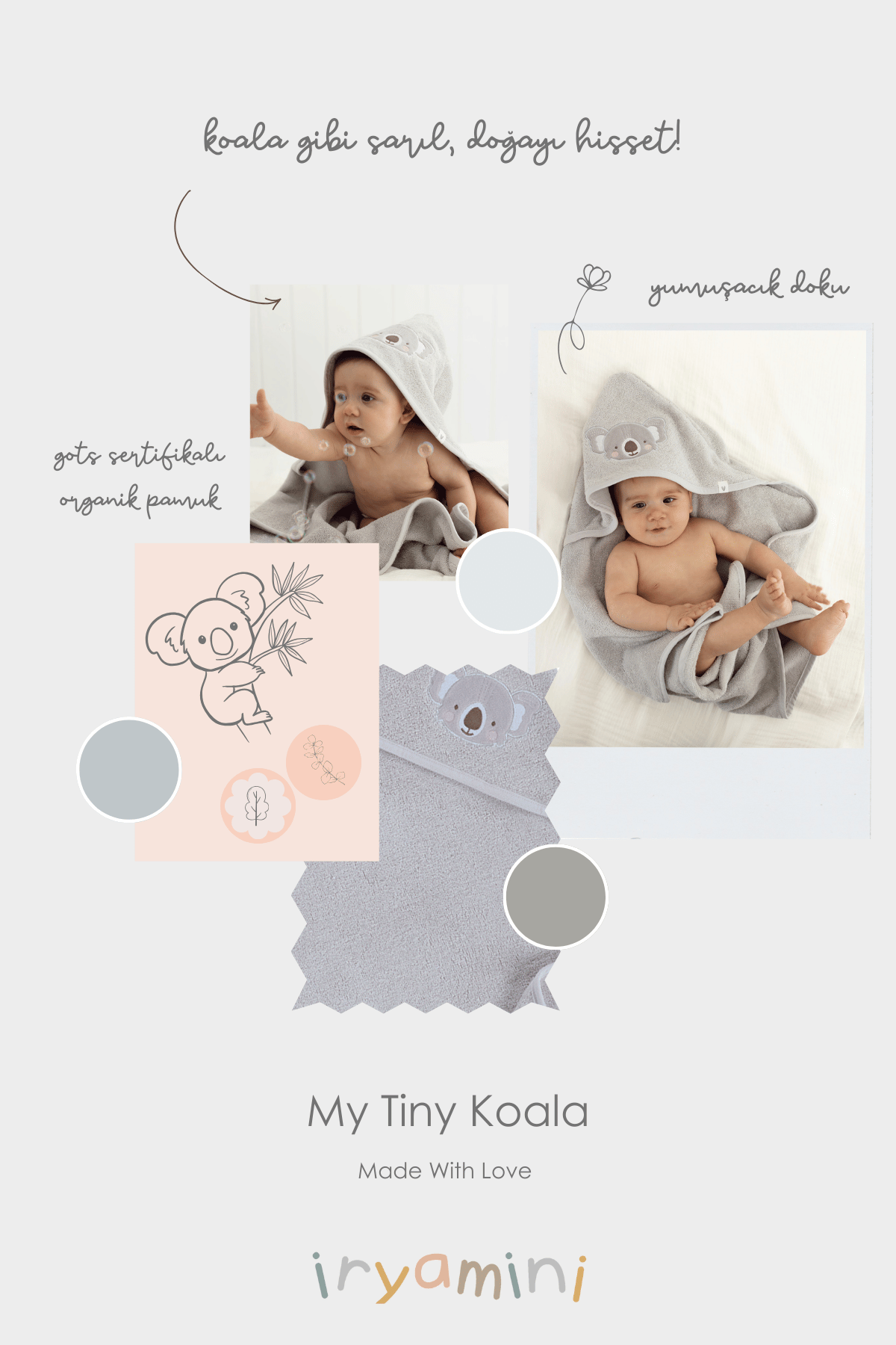 İRYA-Tiny Koala Organik Pamuk Nakışlı Bebek Kundak Gri 75X75-Kundak-5-roqelvaxirum.shop