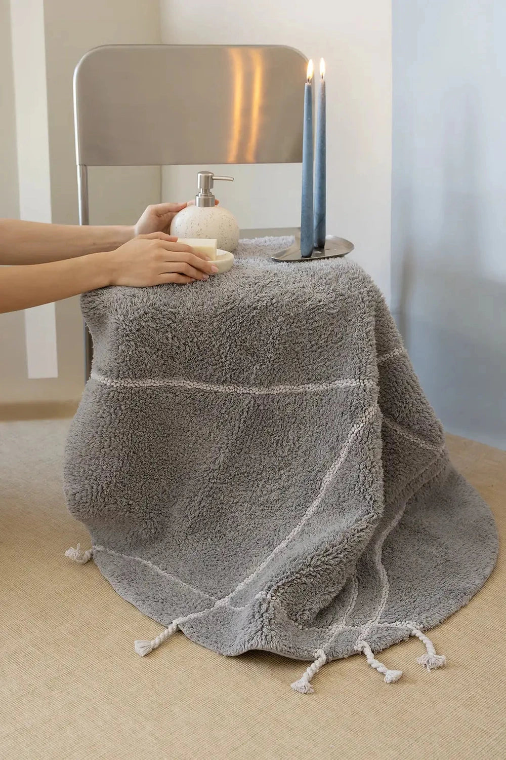 İRYA-Travertine Yuvarlak Banyo Paspası %100 Pamuk 100X100 Gri-Paspas-4-roqelvaxirum.shop