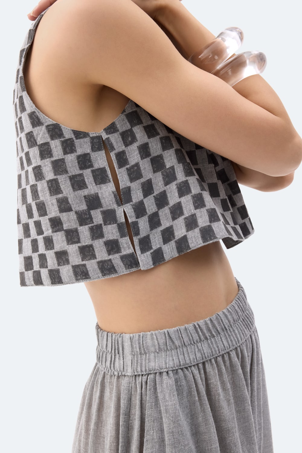 İkikız-Dama Desenli Crop Bluz-Bluz-4-roqelvaxirum.shop