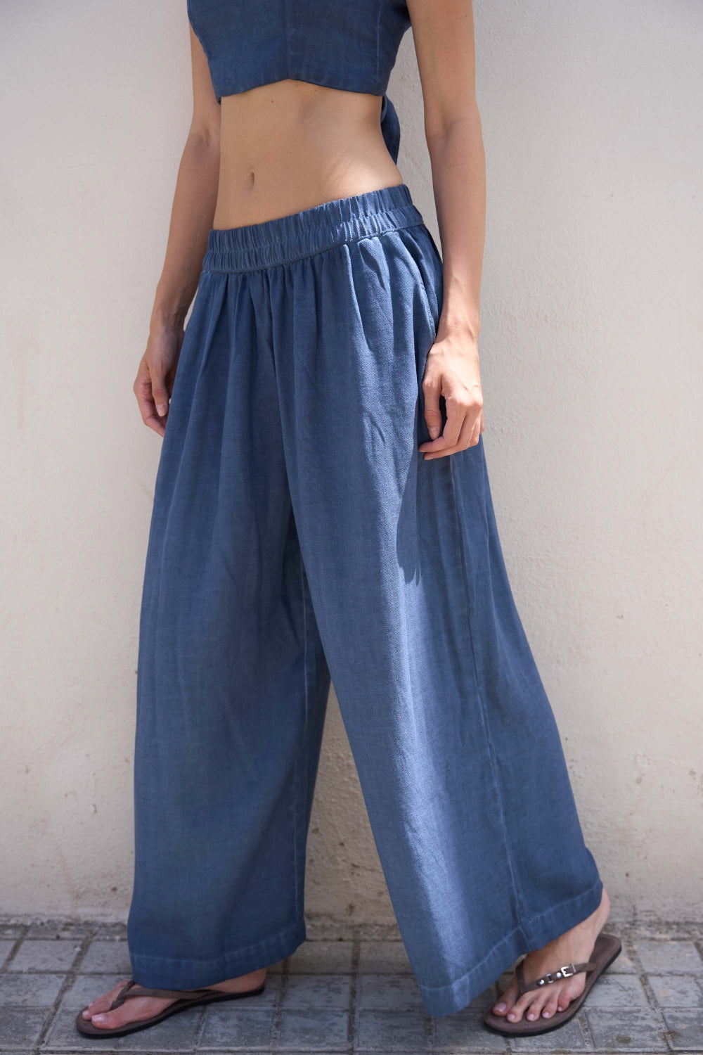 Keten Navy Palazzo Pantolon - 0