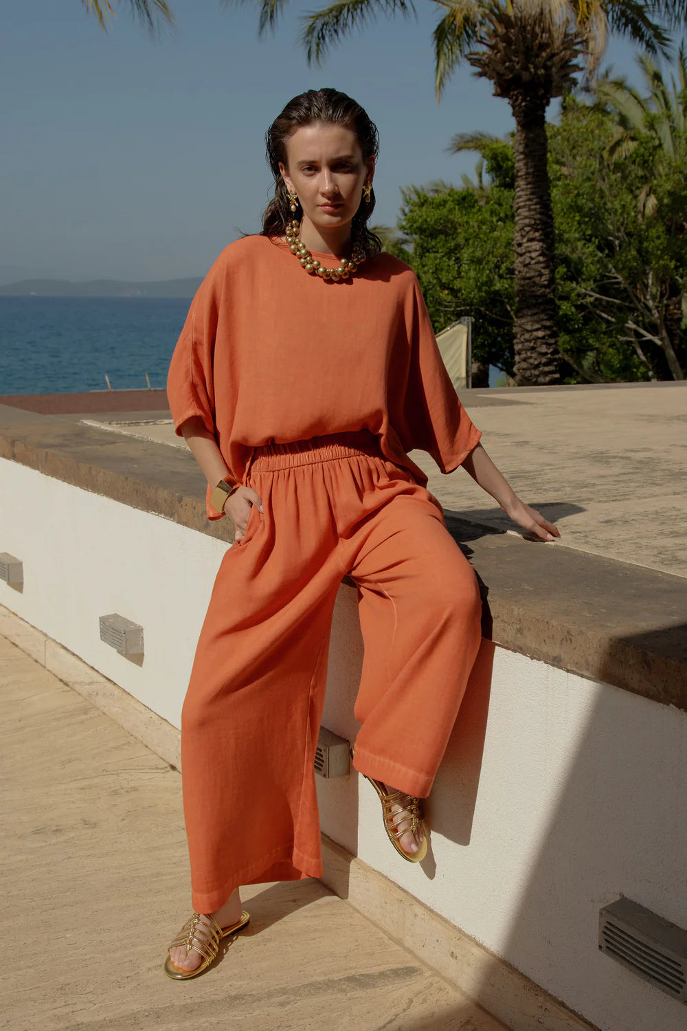 Keten Terracotta Palazzo Pantalon - 2