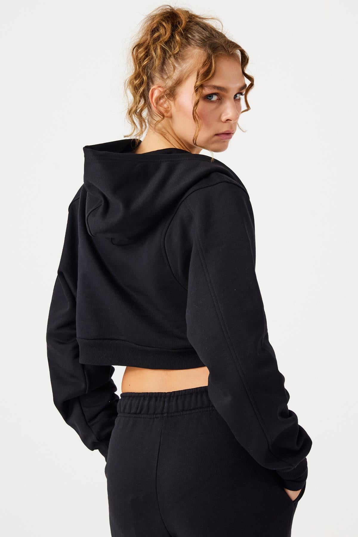 Jerf-Aura Fermuarlı Crop Hoodie Siyah-Sweatshirts & Hoodies-2-roqelvaxirum.shop