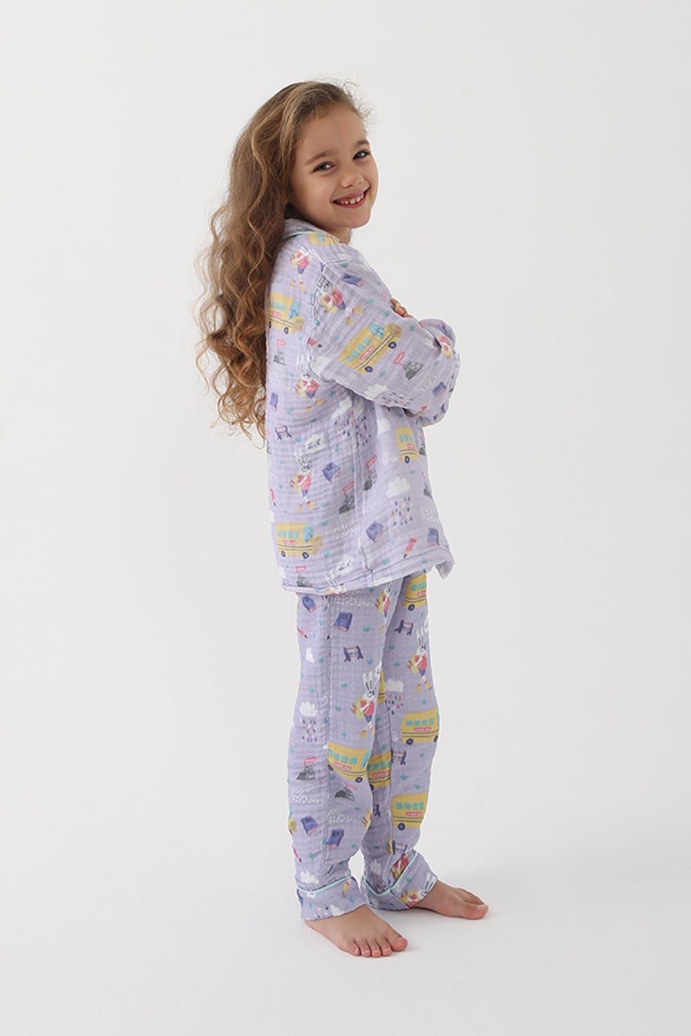Let's Be Friends-Organik Muslin Pijama Takımı - Lila Okul Desen-Pijama Takımı-2-roqelvaxirum.shop