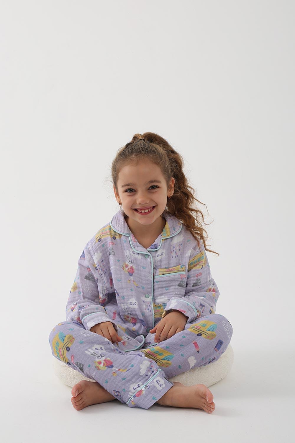 Let's Be Friends-Organik Muslin Pijama Takımı - Lila Okul Desen-Pijama Takımı-4-roqelvaxirum.shop