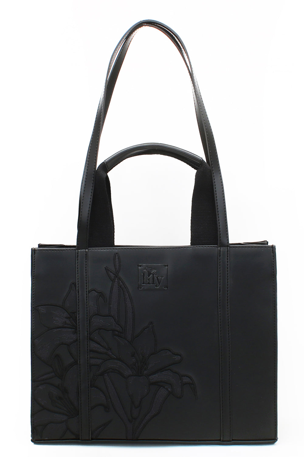 Embroidered Black Leather Tote - 1