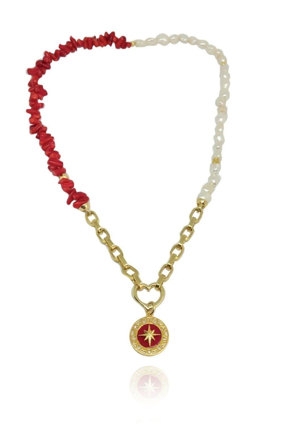 Linya Jewellery-Kutup Yıldızı Kırmızı Mercan Madalyon-Kolye-1-roqelvaxirum.shop