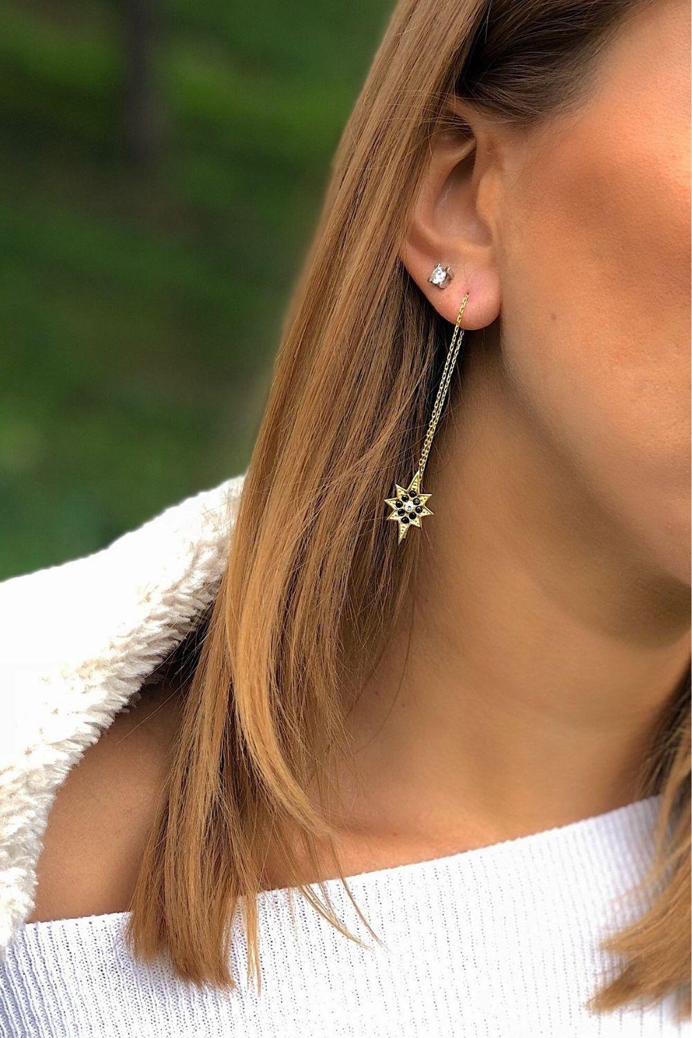 Linya Jewellery-Kutup Yıldızı Siyah Taşlı Sallantılı Küpe-Küpe-2-roqelvaxirum.shop
