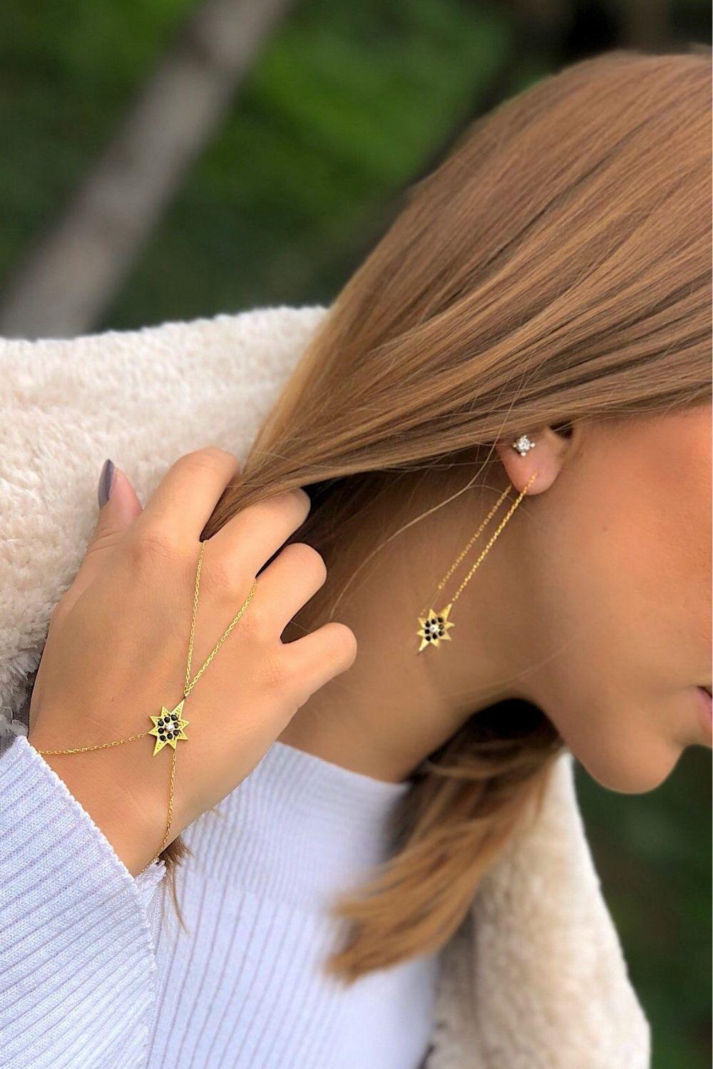 Linya Jewellery-Kutup Yıldızı Siyah Taşlı Sallantılı Küpe-Küpe-3-roqelvaxirum.shop