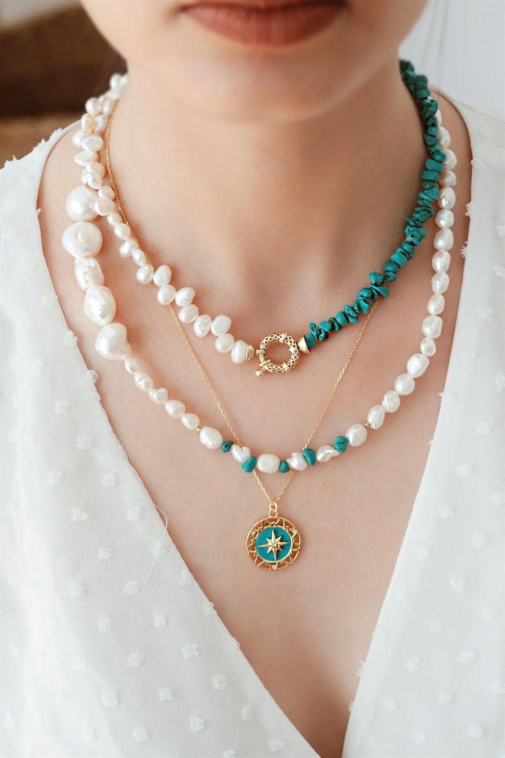 Linya Jewellery-Turkuaz Taşlı İnci Kolye-Kolye-3-roqelvaxirum.shop