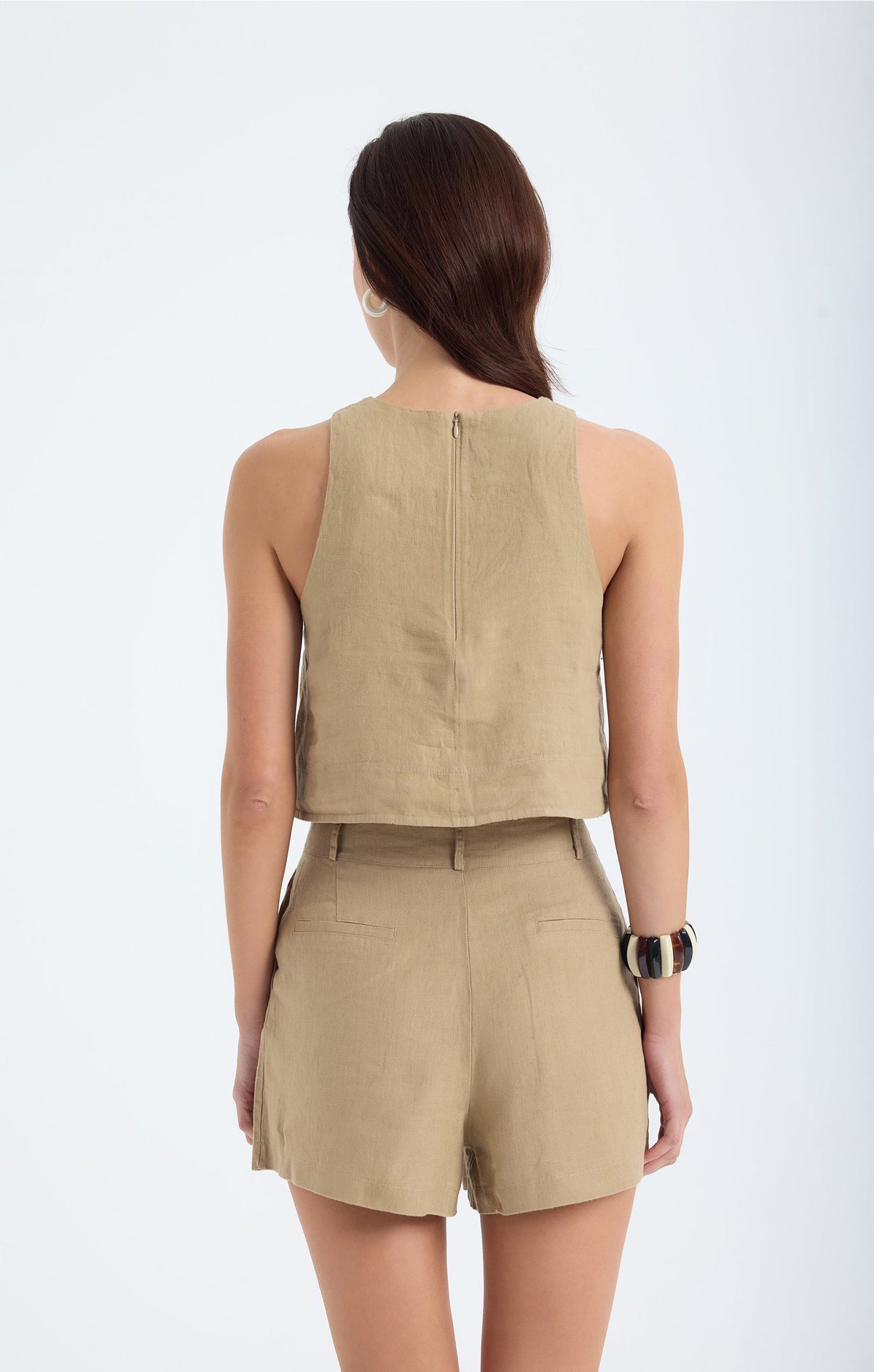 Reve Keten Yüksel Bel Şort - Bej