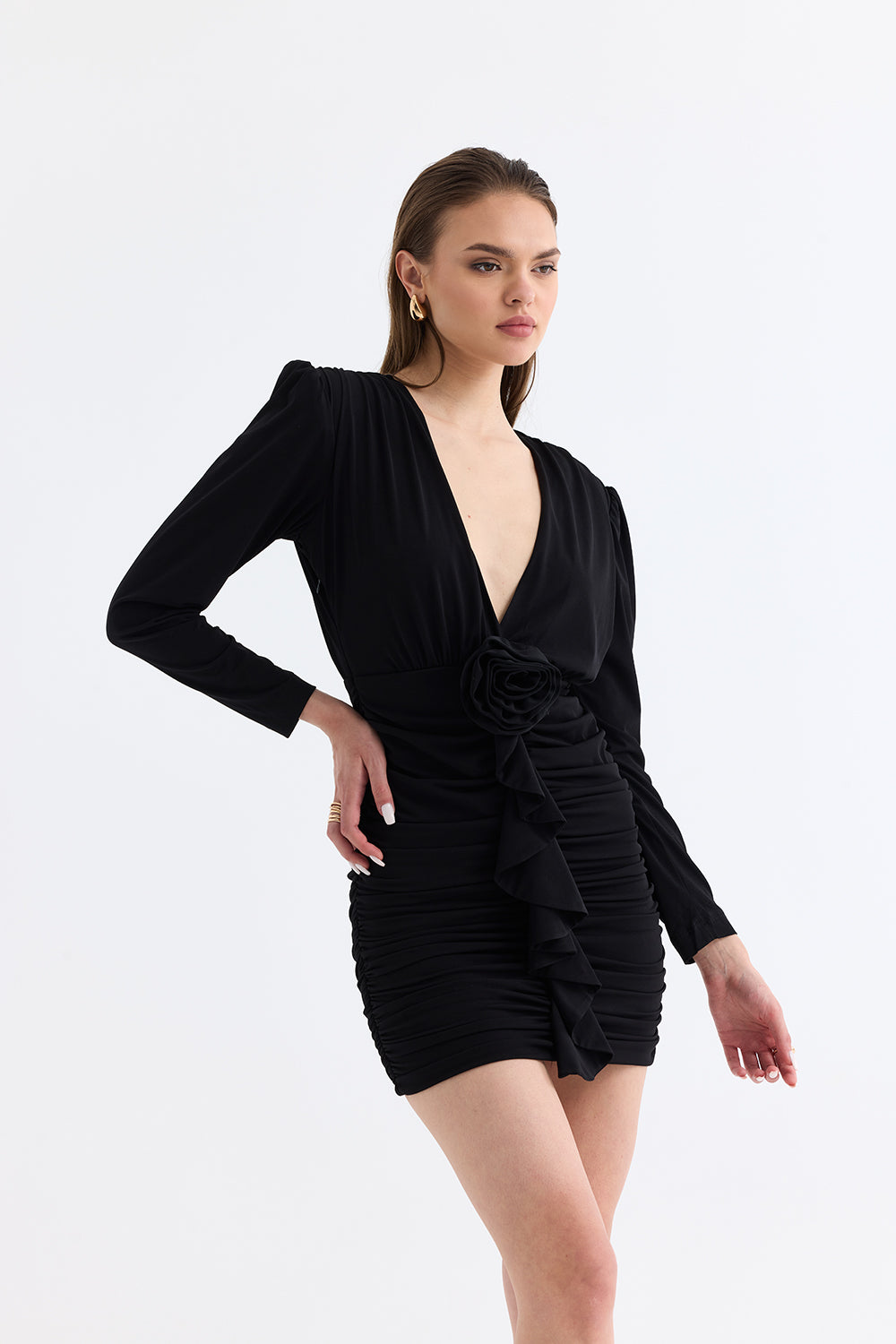Manshet-The Crimson / Gül Detaylı Mini Elbise-Elbise-1-roqelvaxirum.shop
