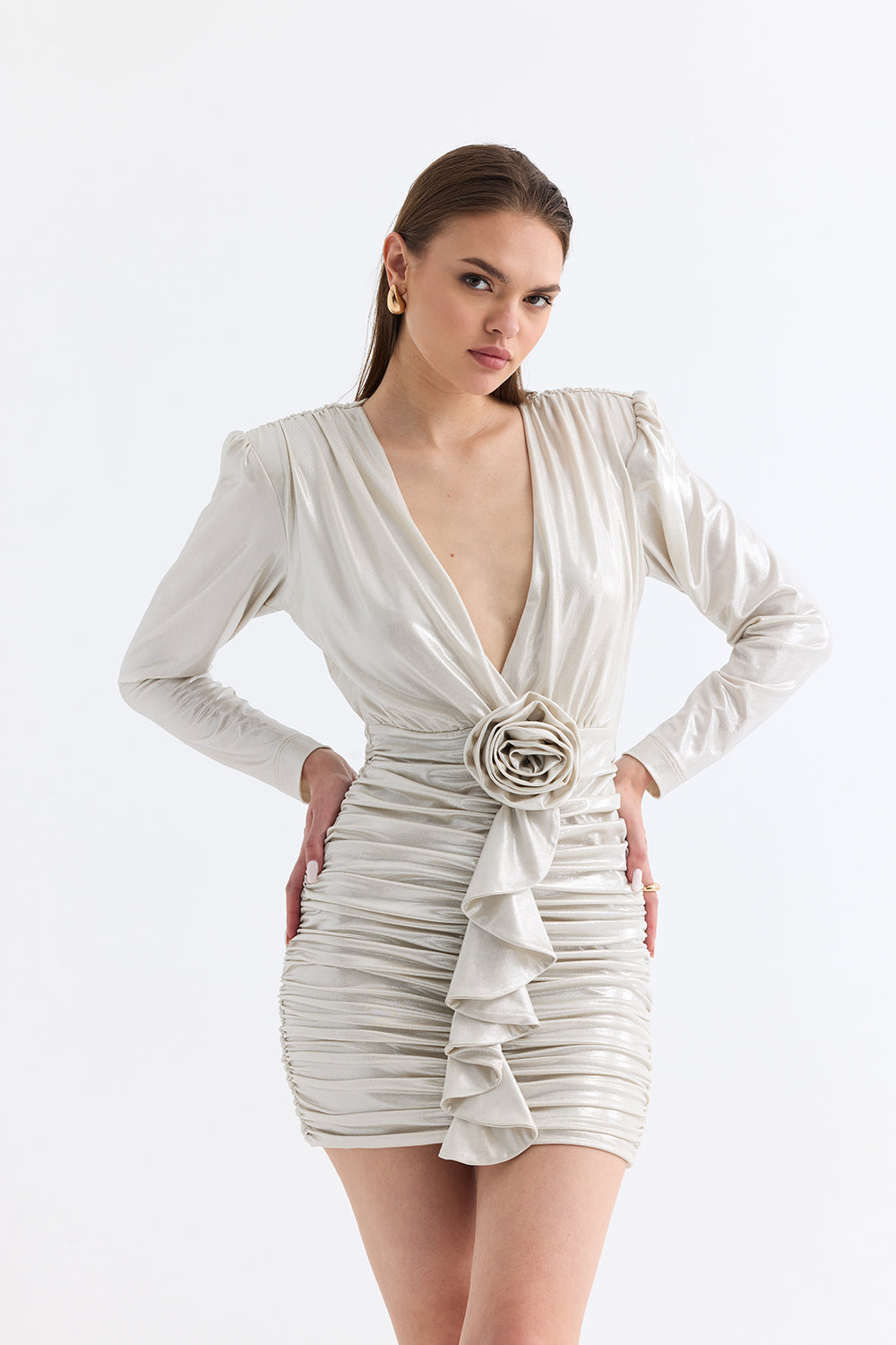 Manshet-The Crimson / Gül Detaylı Mini Elbise-Elbise-3-roqelvaxirum.shop