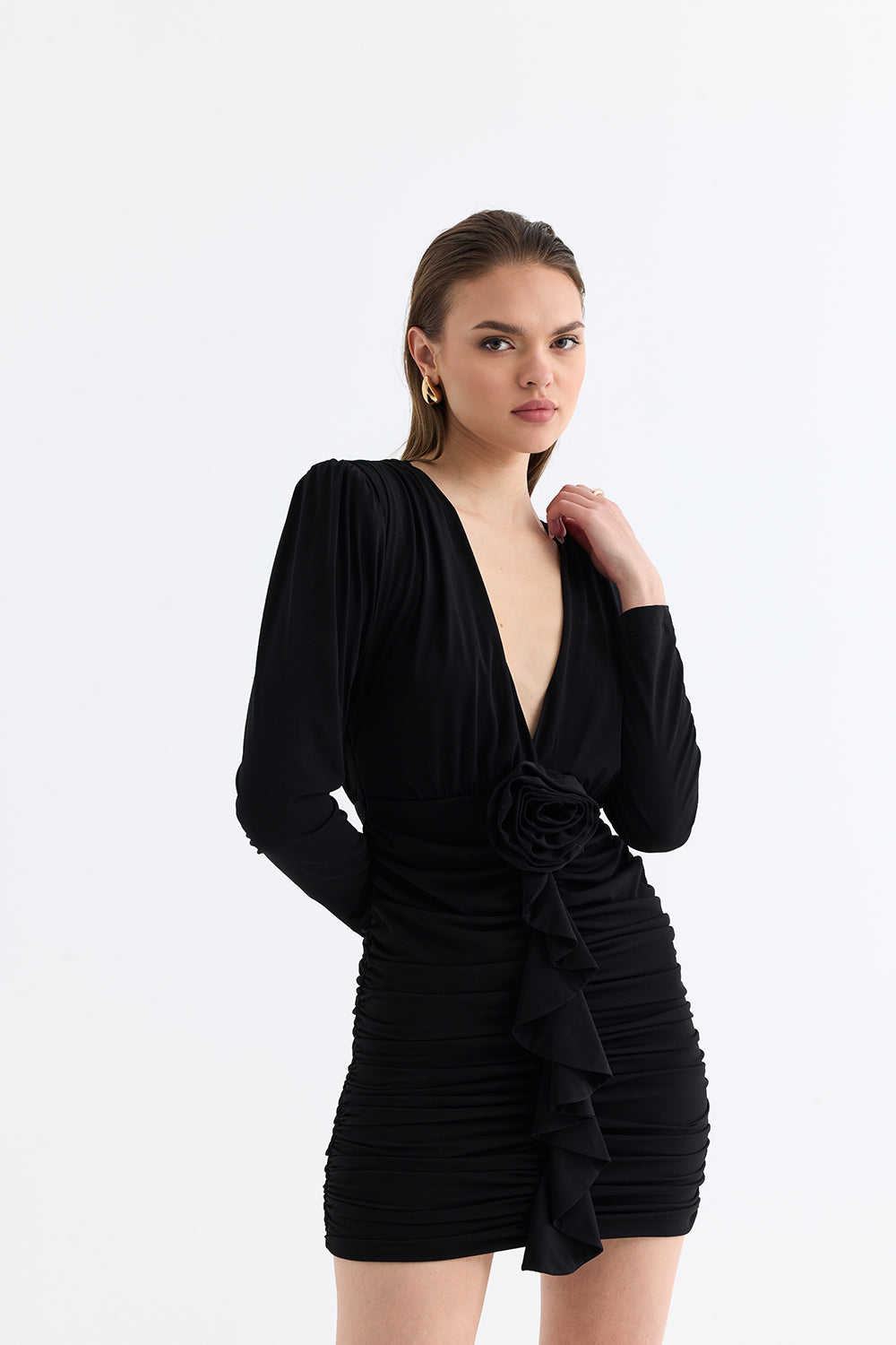 Manshet-The Crimson / Gül Detaylı Mini Elbise-Elbise-4-roqelvaxirum.shop