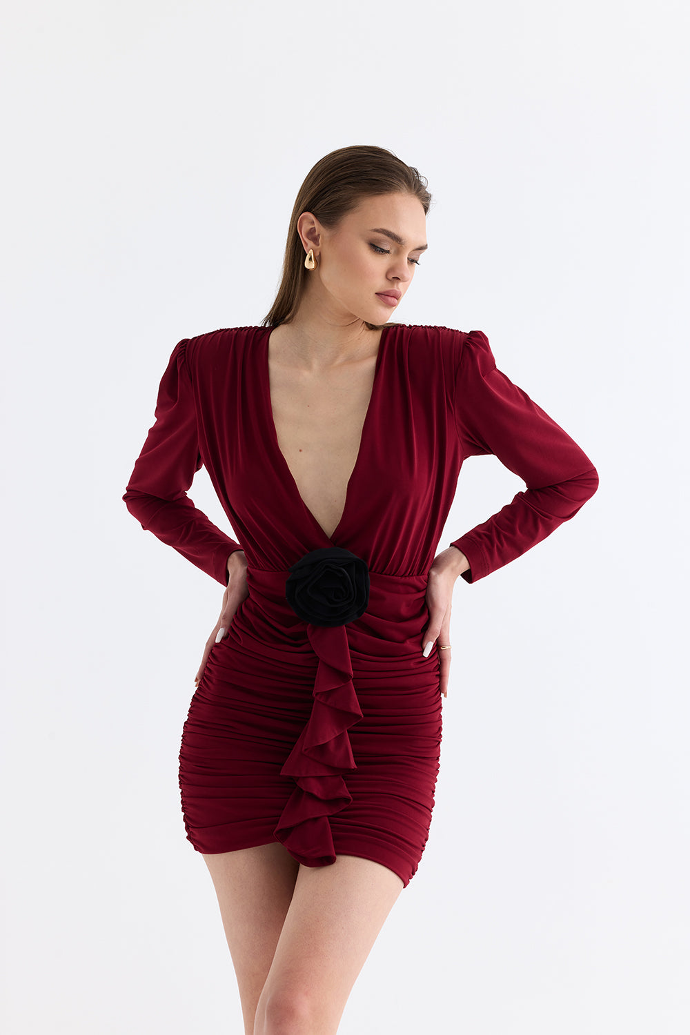Manshet-The Crimson / Gül Detaylı Mini Elbise-Elbise-5-roqelvaxirum.shop