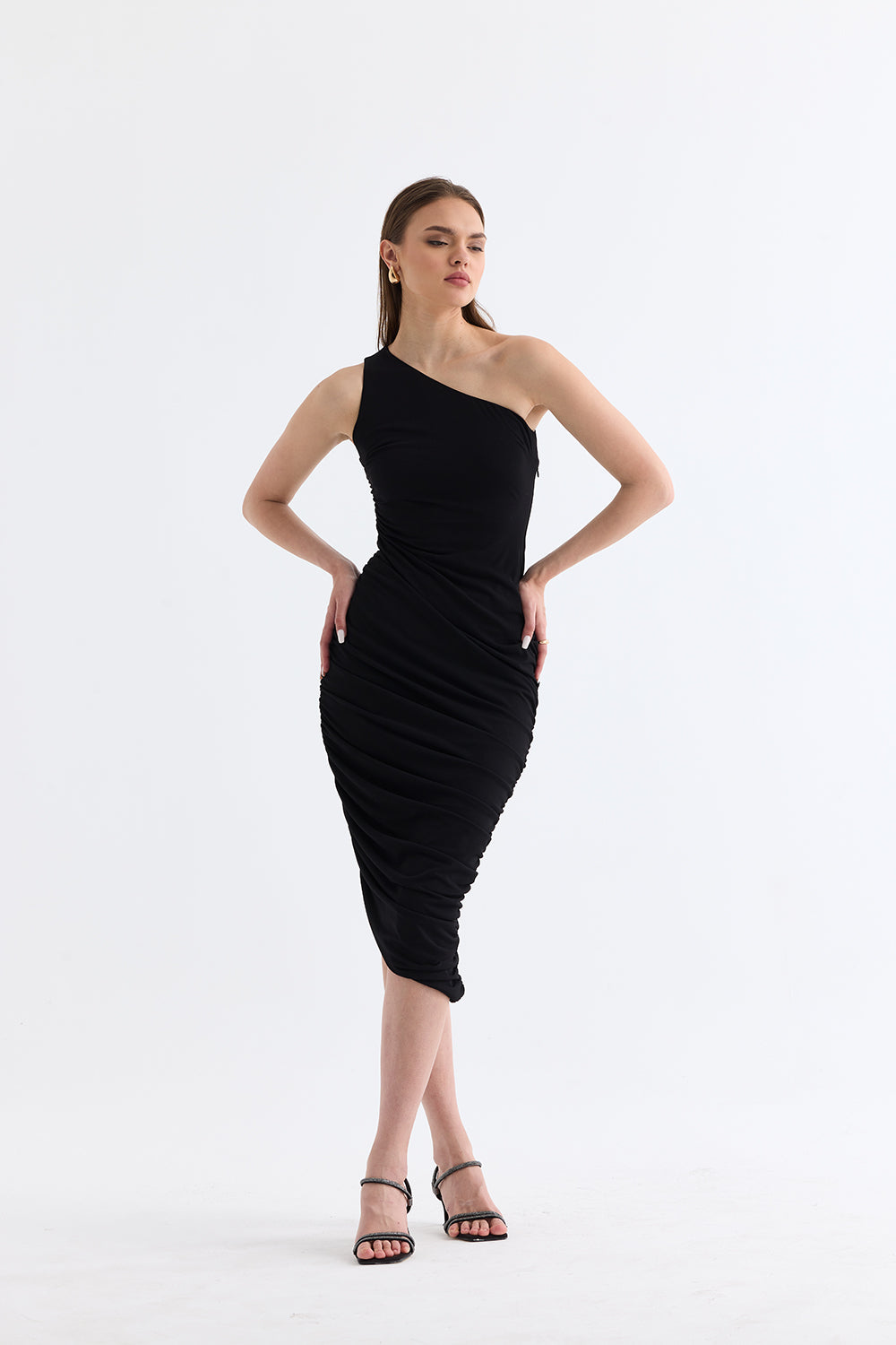 Manshet-The Raven / Tek Omuzlu Midi Elbise-Elbise-1-roqelvaxirum.shop