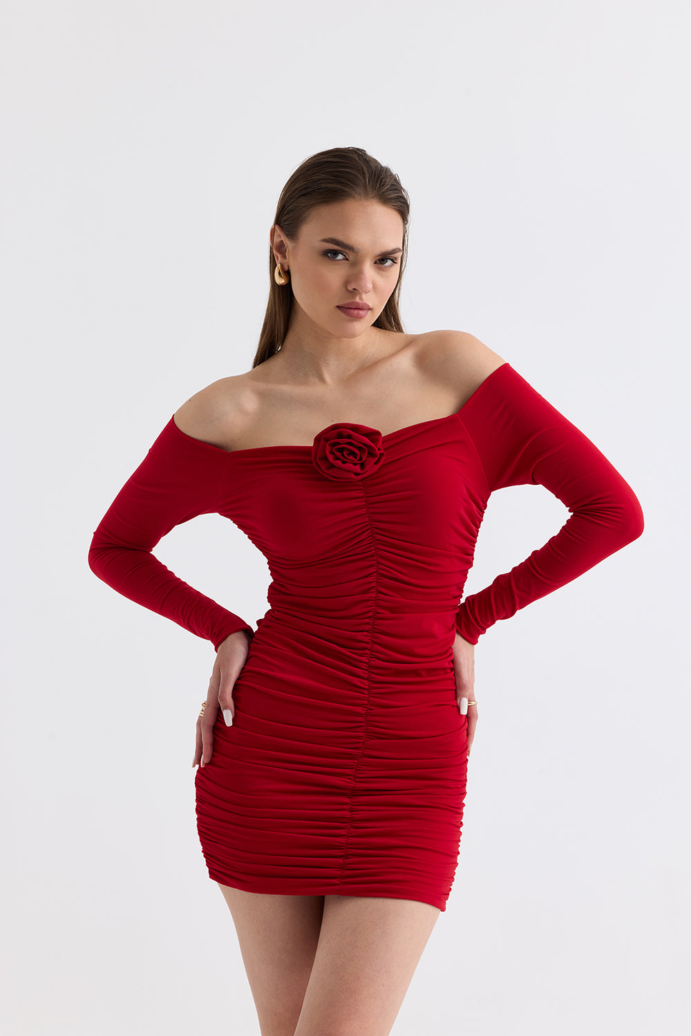 Manshet-Verve / Kayık Yaka Mini Elbise-Elbise-1-roqelvaxirum.shop