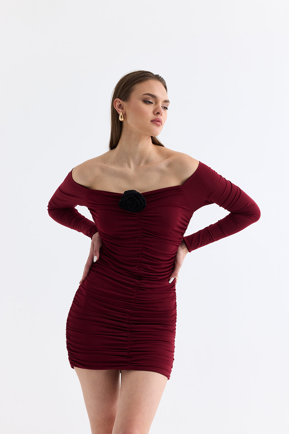 Manshet-Verve / Kayık Yaka Mini Elbise-Elbise-1-roqelvaxirum.shop