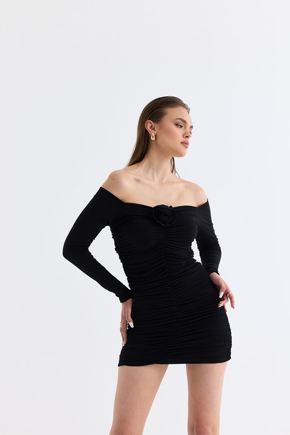Manshet-Verve / Kayık Yaka Mini Elbise-Elbise-2-roqelvaxirum.shop