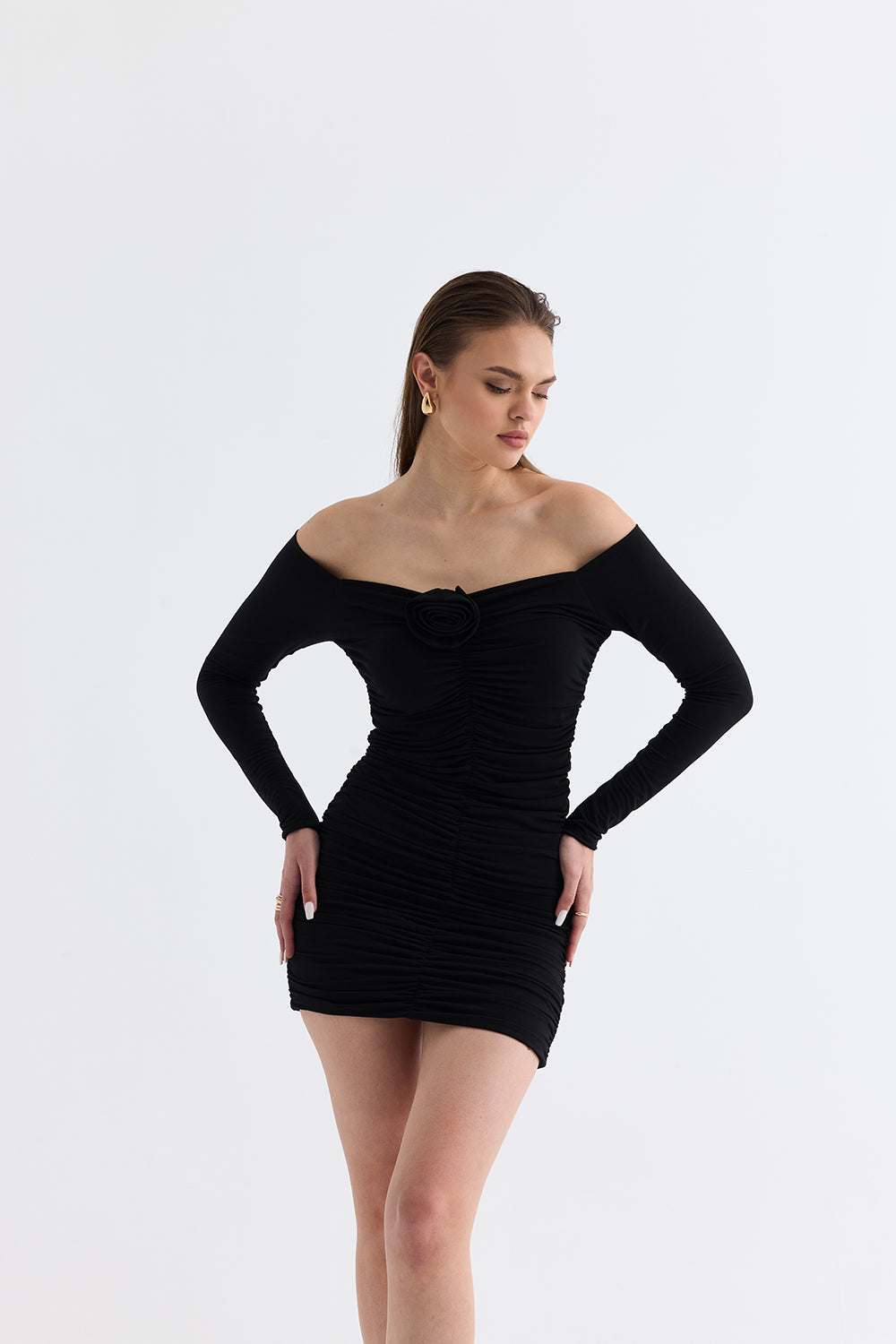 Manshet-Verve / Kayık Yaka Mini Elbise-Elbise-4-roqelvaxirum.shop