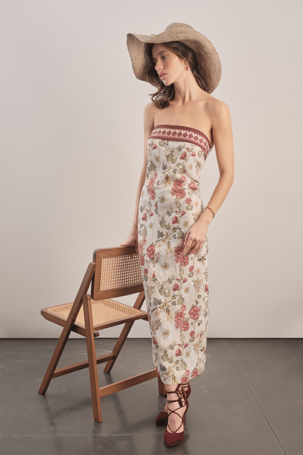 Mavlo-Burgundy Çiçekli Keten Midi Elbise-Elbise-2-roqelvaxirum.shop