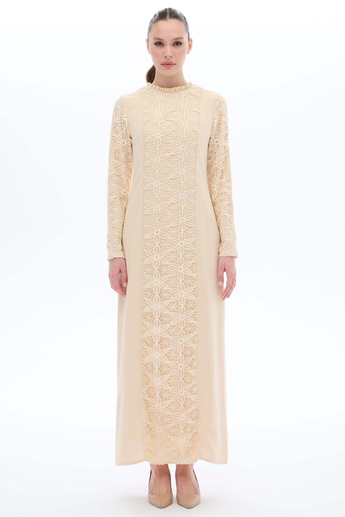Miha-önü Ve Kollari Dantel Brodeli̇ Elbi̇se Bej-1-roqelvaxirum.shop