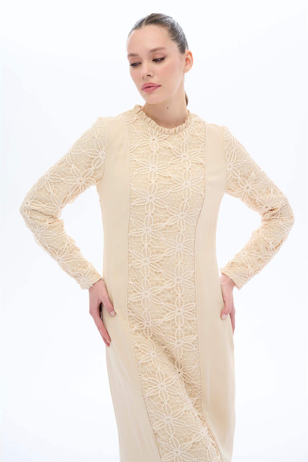 Miha-önü Ve Kollari Dantel Brodeli̇ Elbi̇se Bej-2-roqelvaxirum.shop
